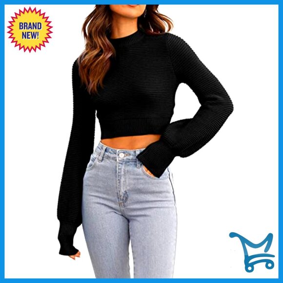 Ribbed Knit Cropped Pullover Sweater Long Balloon Sleeve Slim Fit Chic - Picture 2 of 7